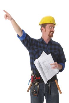 construction worker pointing on architectural plans on white background