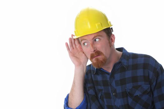 construction worker with hand on ear on white background