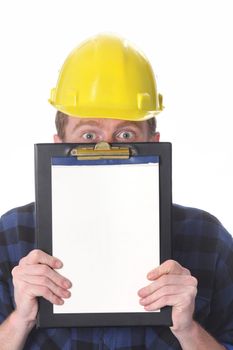 construction worker with documents on white background 