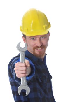 construction worker handle double wrench in closeup