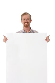 Man with blank placard over white background