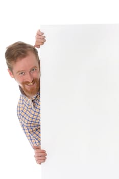 Man with blank placard over white background