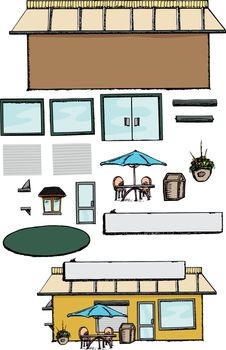Blank commercial building with parts to make a store, office or cafe