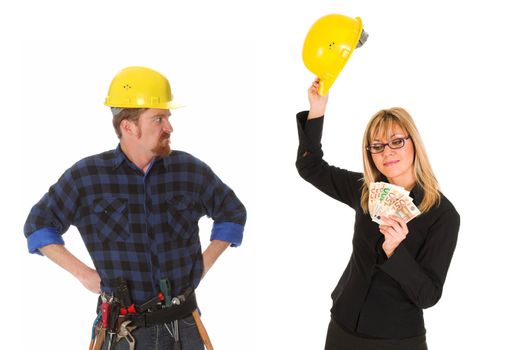 construction worker pointing on architectural plans and architect 