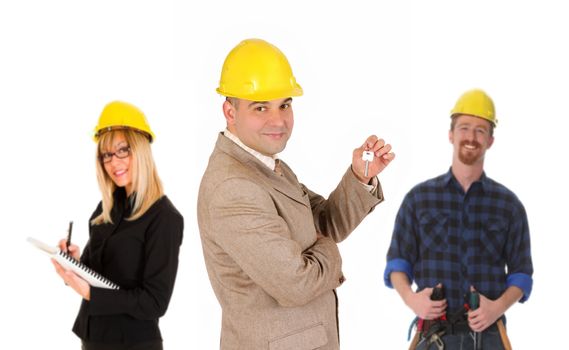 architect, businessman with keys and construction worker
