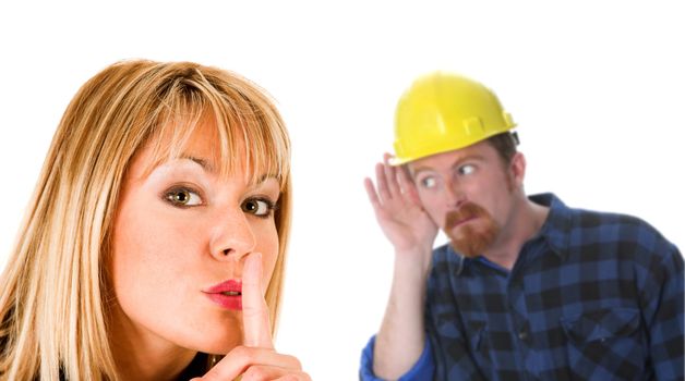 businesswoman gestures for silence, shhhh and construction worker listening