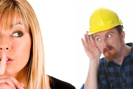 businesswoman gestures for silence, shhhh and construction worker listening