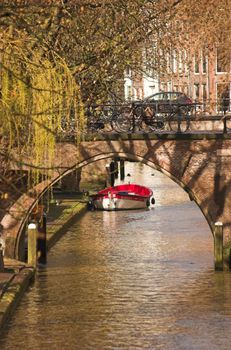 Rowing boat on a picturesque canal in Utrecht, Holland