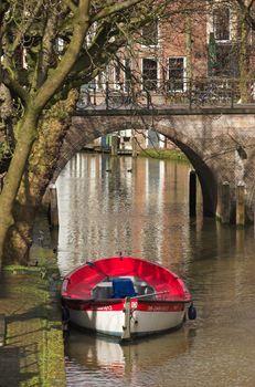 Rowing boat on a picturesque canal in Utrecht, Holland