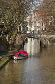 Rowing boat on a picturesque canal in Utrecht, Holland