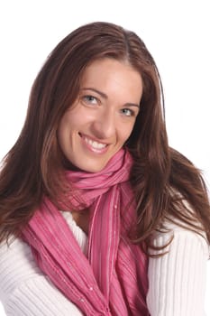 beautiful young a woman with scarf on white background