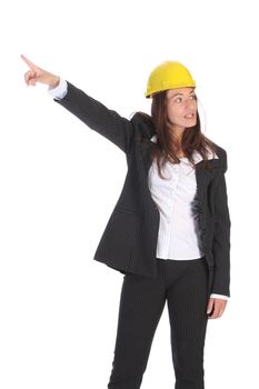 young businesswoman pointing up on white background