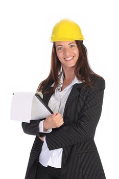 young businesswoman with documents on white background