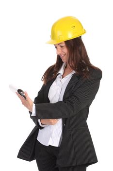 young businesswoman with documents on white background