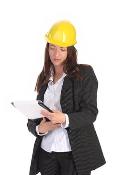 young businesswoman with documents on white background