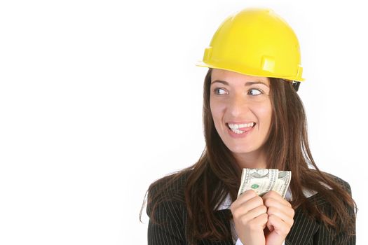 young businesswoman with earnings on white background