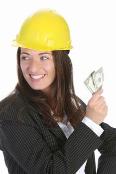 young businesswoman with earnings on white background