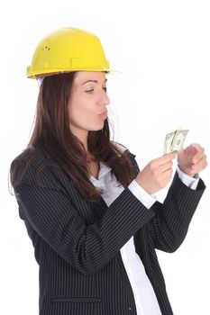 young businesswoman with earnings on white background