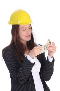 young businesswoman with earnings on white background
