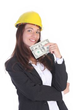 young businesswoman with earnings on white background