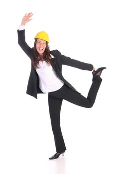 young businesswoman with helmet on white background