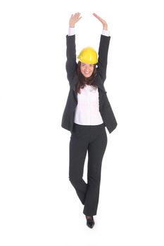 young businesswoman with helmet on white background