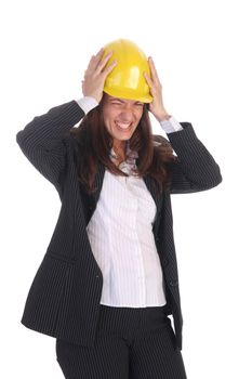 angry businesswoman with helmet on white background