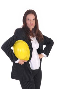 angry businesswoman with helmet on white background