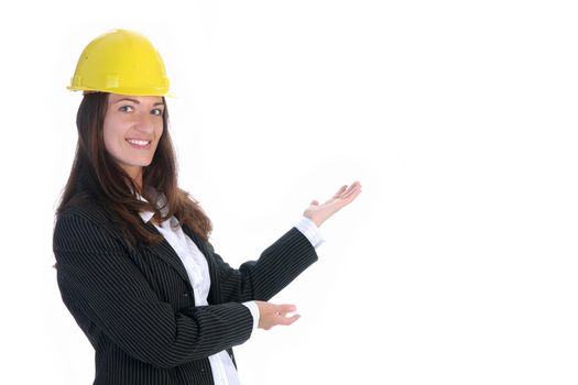 young businesswoman with helmet on white background
