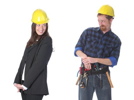 businesswoman and construction worker , couple in passionate on workplace