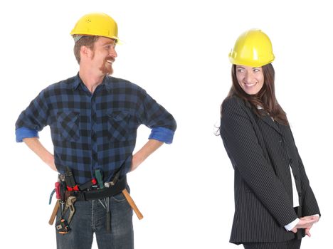 businesswoman and construction worker , couple in passionate on workplace