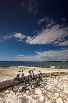 Three bicycles parked at the edge of a sea