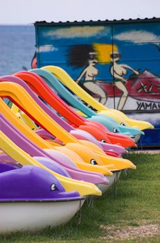 Water bicycles rowed next to a grafitti wall