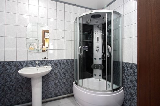 Modern bathroom with a mirror, a bowl and a convenient per capita booth