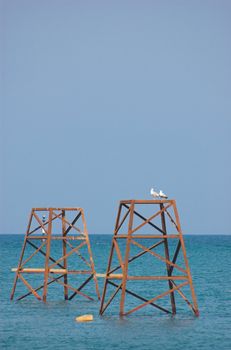Sea gulls sitting on an underwater construction