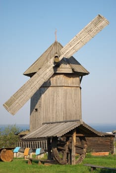 old-time wooden wind mill