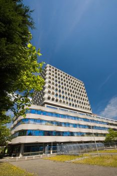 Multilevel office building on a sunny summer day