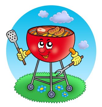 Cartoon barbeque in garden - color illustration.