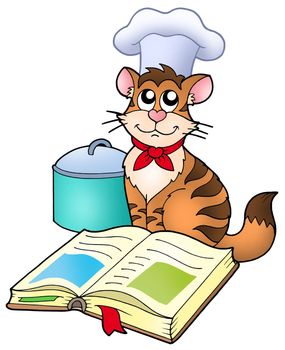 Cartoon cat chef with recipe book - color illustration.