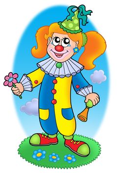 Cartoon clown girl on meadow - color illustration.