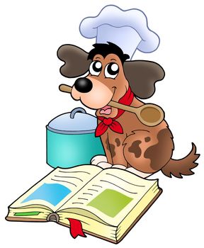 Cartoon dog chef with recipe book - color illustration.