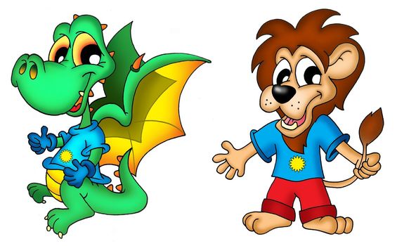 Cartoon dragon and lion - color illustration.