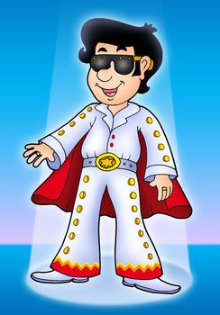 Cartoon Elvis impersonator on stage - color illustration.