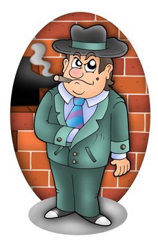 Cartoon gangster with wall - color illustration.