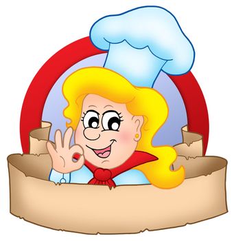 Cartoon chef woman in circle with banner - color illustration.