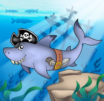 Cartoon pirate shark with shipwreck - color illustration.