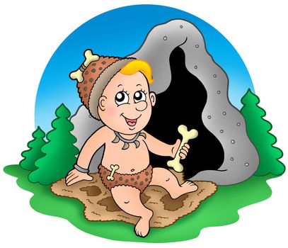 Cartoon prehistoric baby before cave - color illustration.