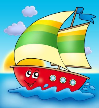 Cartoon sailing boat with sunset - color illustration.