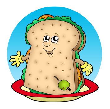 Cartoon sandwich on plate - color illustration.