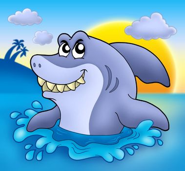 Cartoon shark with sunset - color illustration.